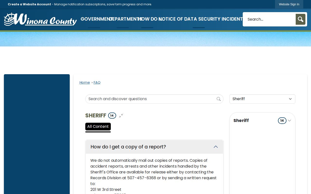 Winona County booking record and Sheriff records FAQ
